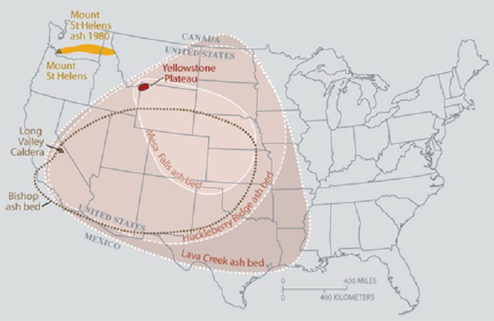 Known ashfall boundaries for major eruptions from yellowstone 7