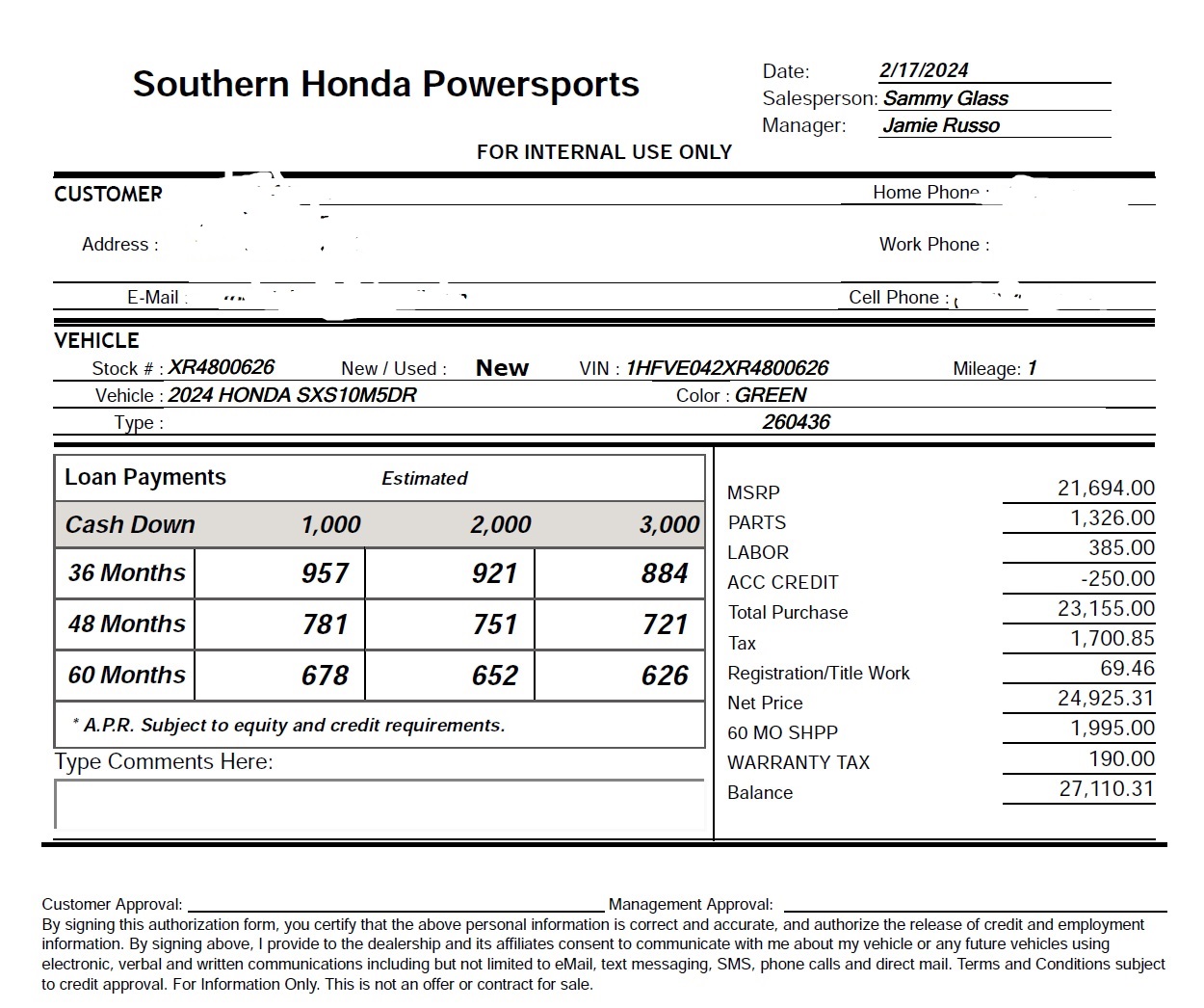 Southern Honda Powesports Quote Feb 24
