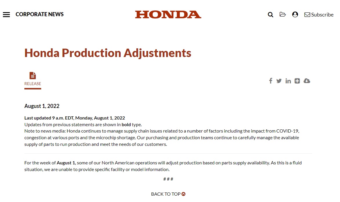 Z Honda Production adjustments